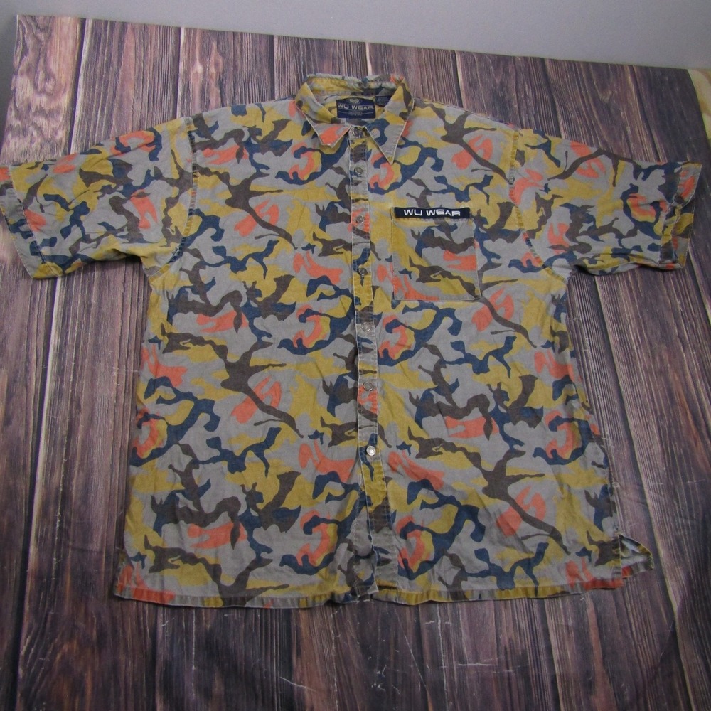 Wu Wear Button Down Shirt Mens 2XL Multicolor Camo Wu Tang Clan Hip Hop Vintage
